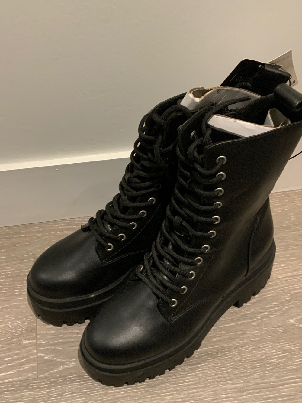 H&M Black Lace-Up Combat Boots with Chunky Sole